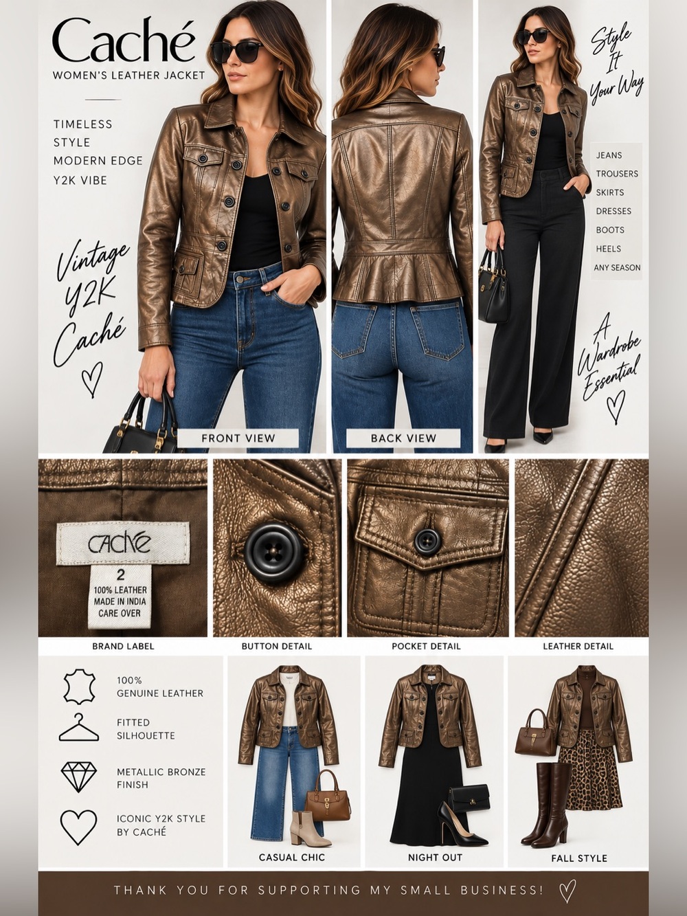Cache Women’s Size 2 Metallic Bronze 100% Genuine Leather Fitted Jacket